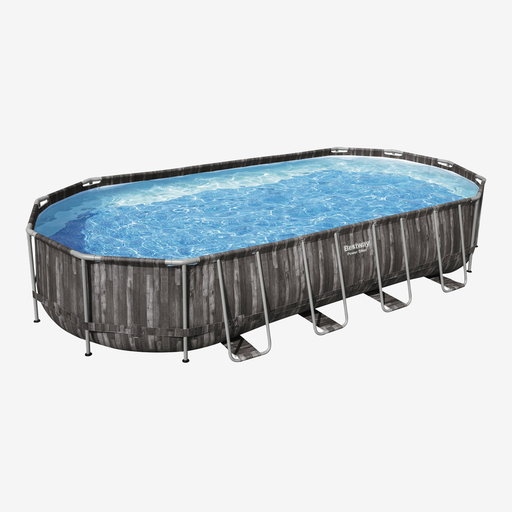Piscina tubular oval Bestway Power Steel, design em madeira, 732x366x122 cm, com escada.