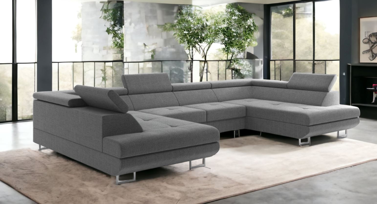 M-Punkt Wohnlandschaft in U – Form, Schlaf- und Ecksofa - mit Bettfunktion, Bettkasten und Kopfteilverstellung - Grau