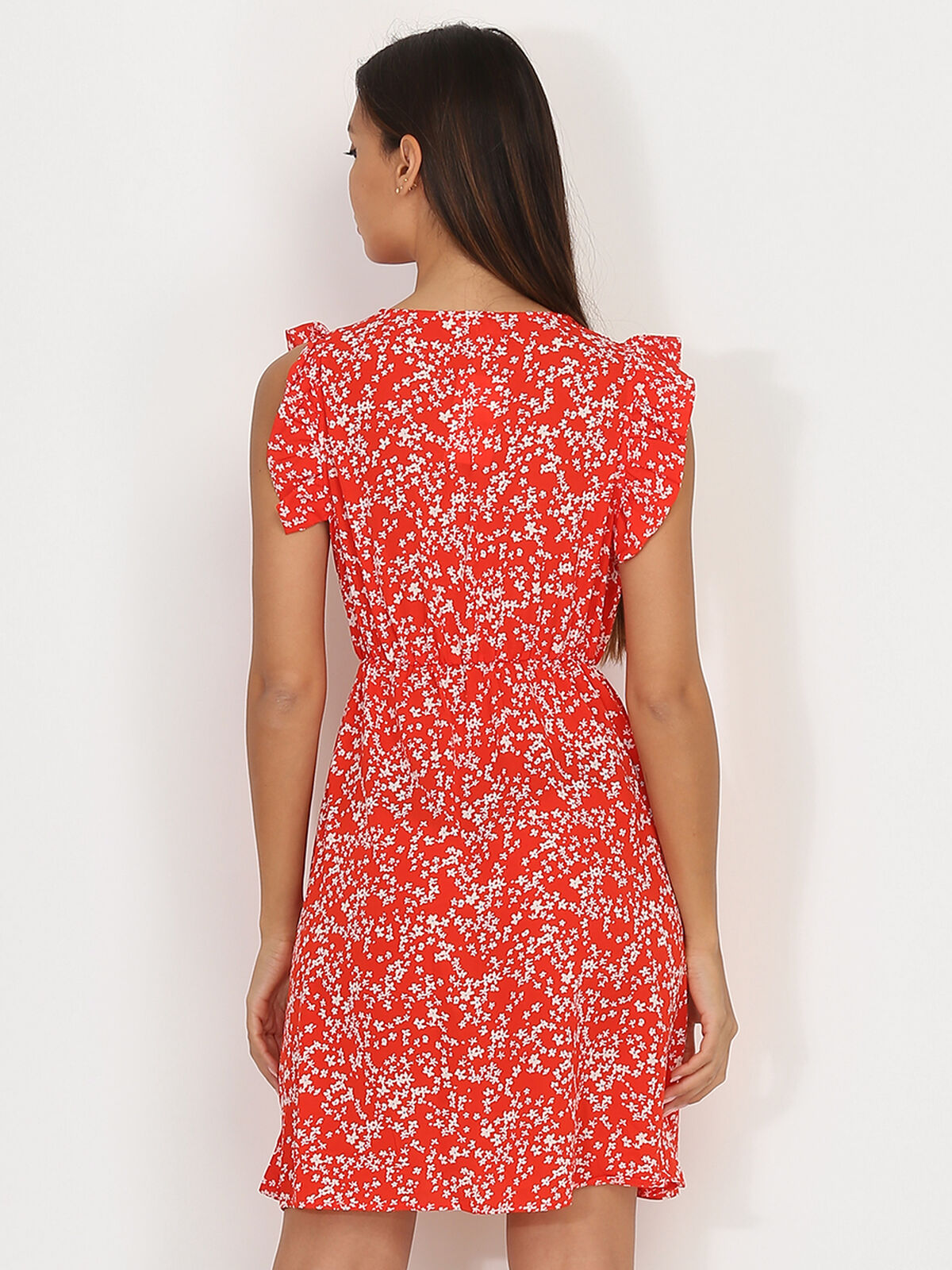 Robe évasée à fleurs et volants- Rouge