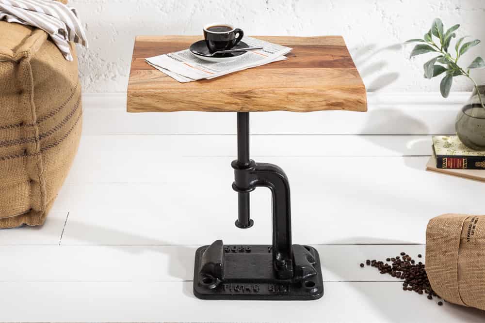 Authentischer Beistelltisch FACTORY 50cm Akazie Massivholz Baumkante Industrial Design