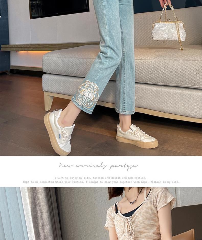 Wisjam - Hoge taille geborduurde gewassen cropped straight leg jeans