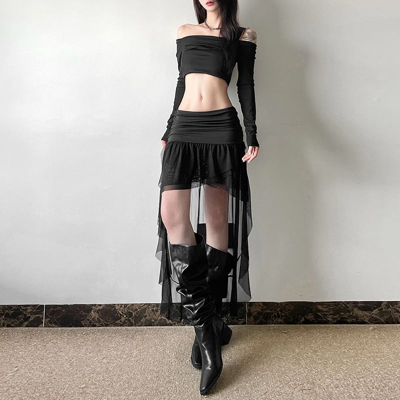 Sugarcoat - Mid-taille effen geplooide mesh mini A-lijn rok