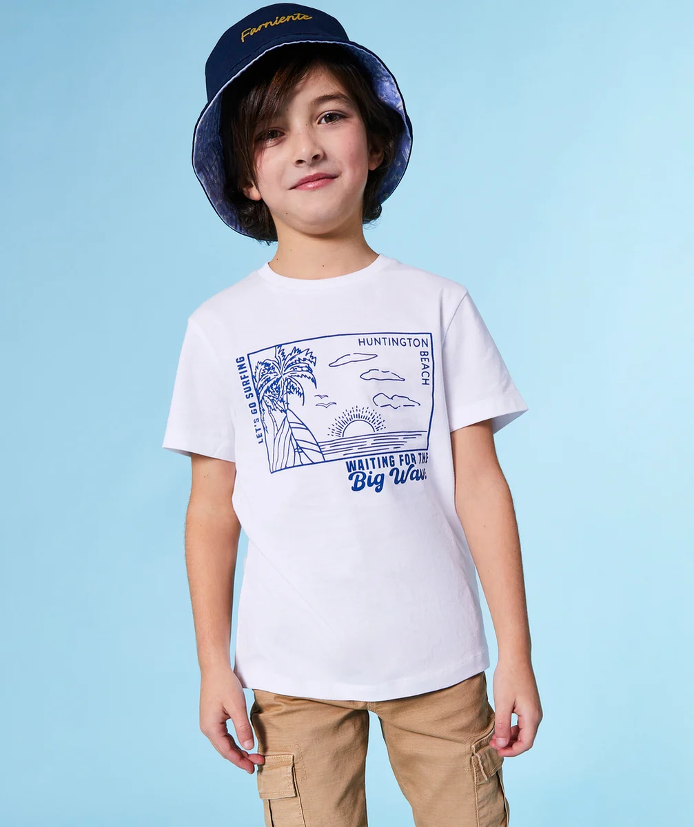 T-SHIRT MANCHES COURTES GARÇON 100% COTON BLANC THÈME SURF
