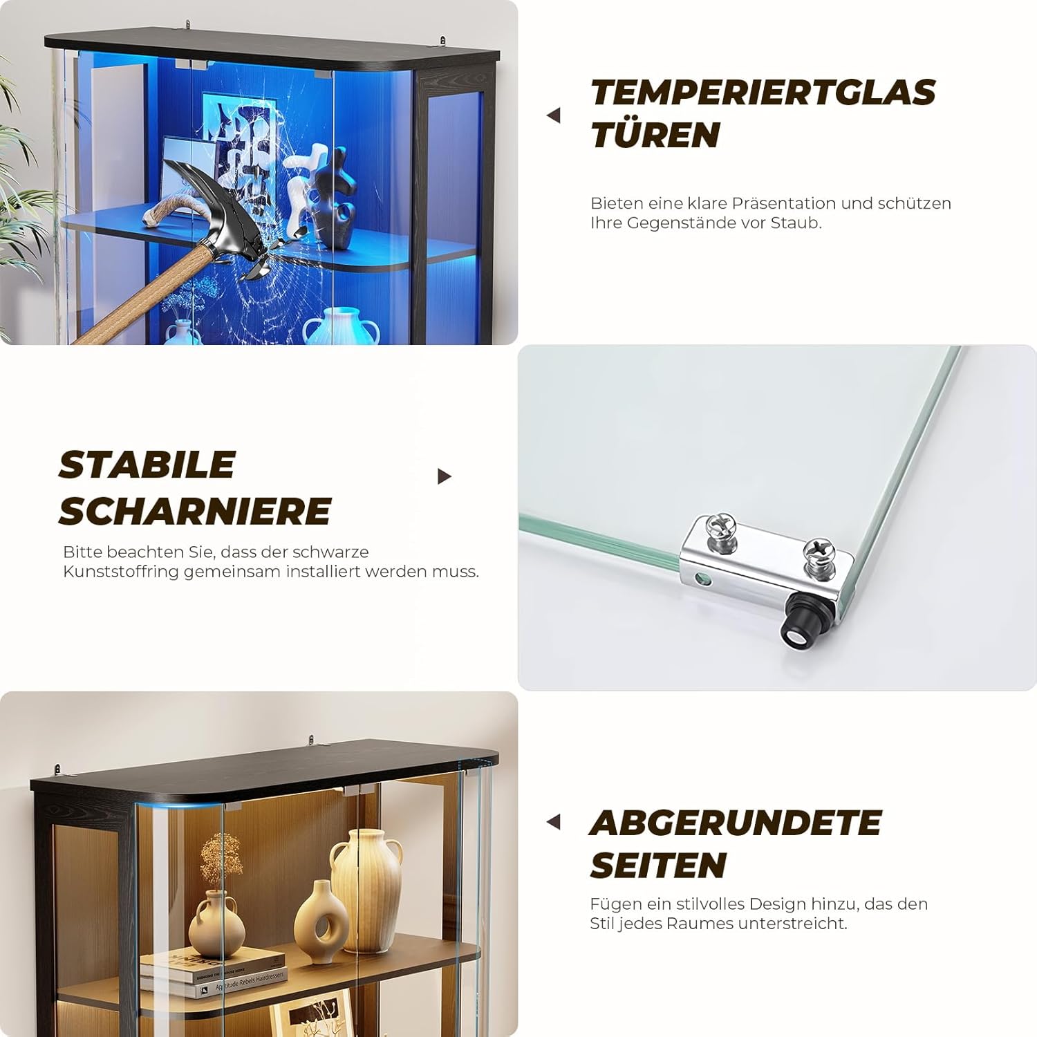 Große Glasvitrine Stehend Mit Rundbogen-Glastür, 4-Stöckiger Vitrine Mit 3-Farb-LED-Beleuchtung & Bewegungssensor, Vitrinenschrank Sammlervitrine Für Wohnzimmer, Schwarz