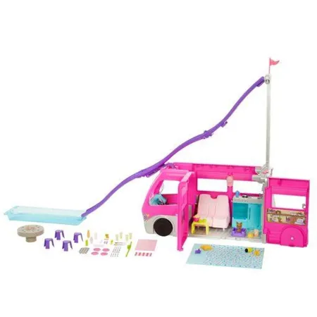 Barbie Super Abenteuer-Camper Fahrzeug, 76 cm groß mit Pool, Rutsche und über 60 Zubehörteilen