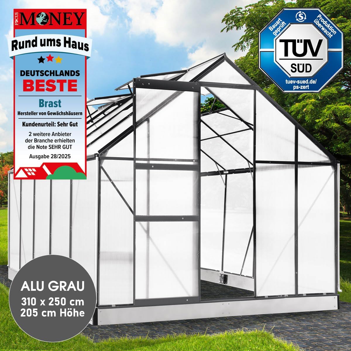 BRAST Gewächshaus Aluminium mit Fundament | 42 Modelle | 130x190x195cm - 490x250x235cm | TÜV geprüft | 6mm Hohlkammerplatten | rostfrei wetterfest temperaturbeständig | 310x250x205cm Grau