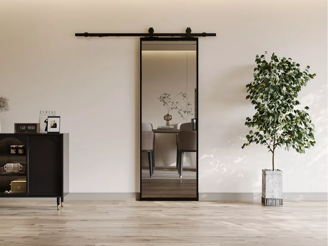 Porte coulissante avec système en applique - aluminium et verre trempé fumé - H205 x L93 cm - LINCI II