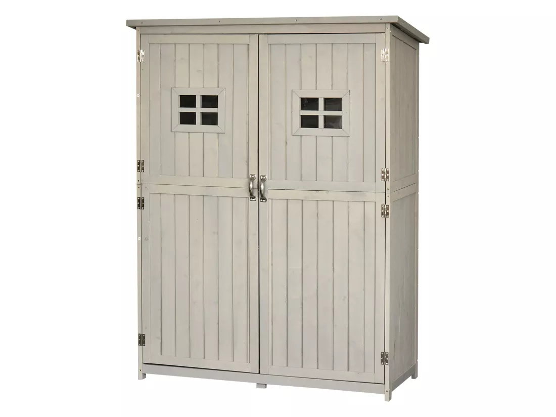 Abri de jardin armoire de jardin remise pour outils sur pied dim. 128L x 50l x 164H cm 2 étagères 2 portes 2 fenêtres toit bitumé étanche bois massif sapin pré-huilé gris
