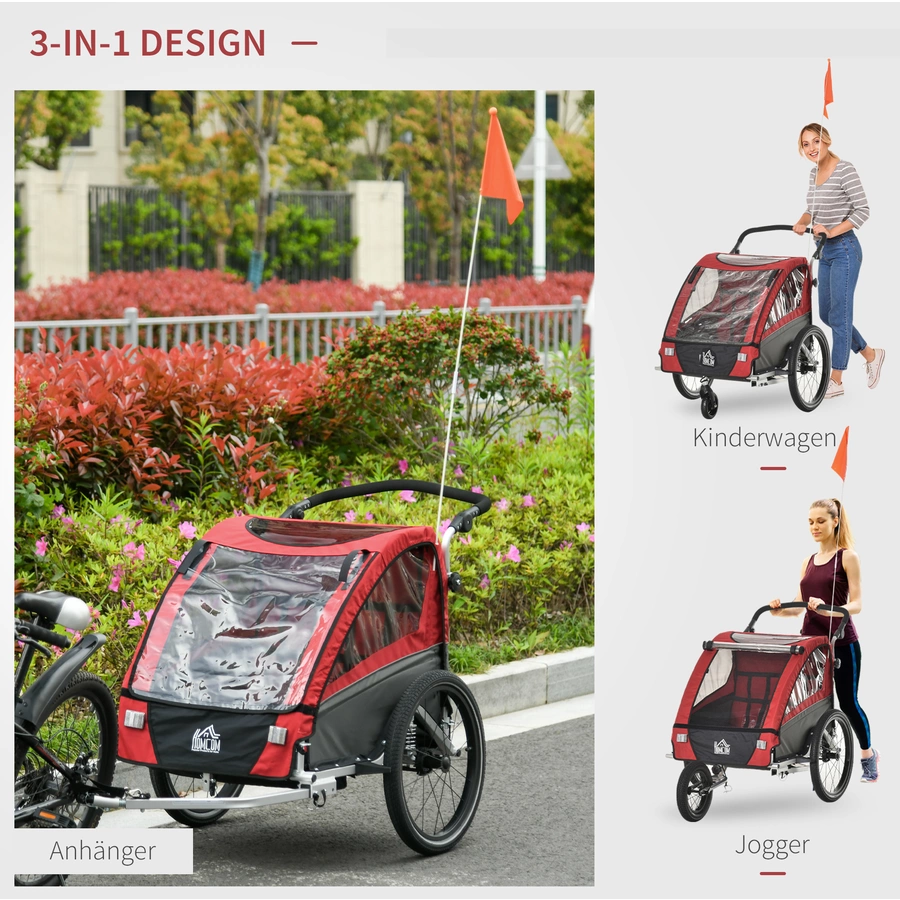 HOMCOM 3in1 Kinderwagen auch als Jogger und Fahrradanhänger rot
