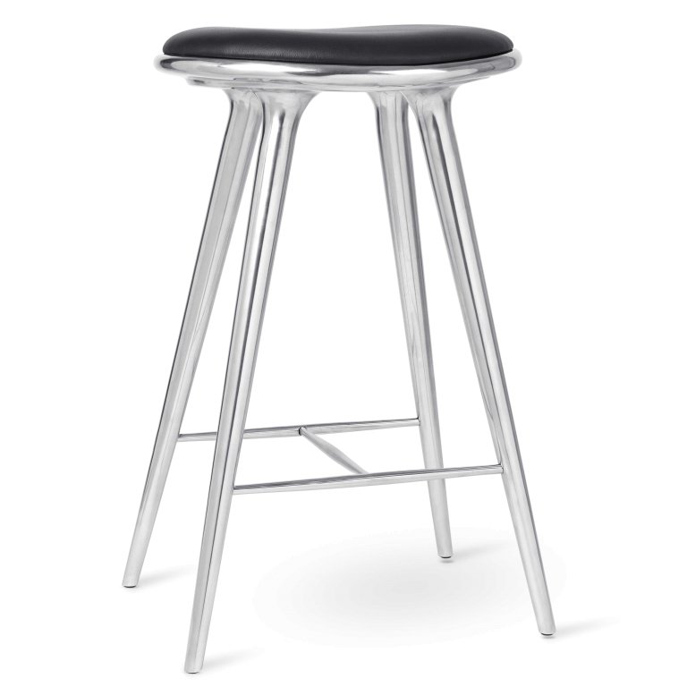Mater Design High Stool barkruk 74 gerecycled aluminium, zwart leer