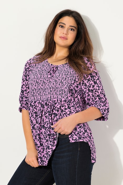 Smokbluse, Blüten, A-Linie, Rundhals, 3/4-Arm