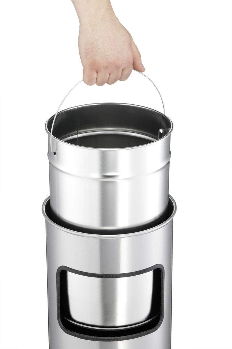 Duurzame 333223 metalen afvalbak met veilige asbak, zelfdovende staande asbak met 17L afvalbak en 2L asbak, zilver