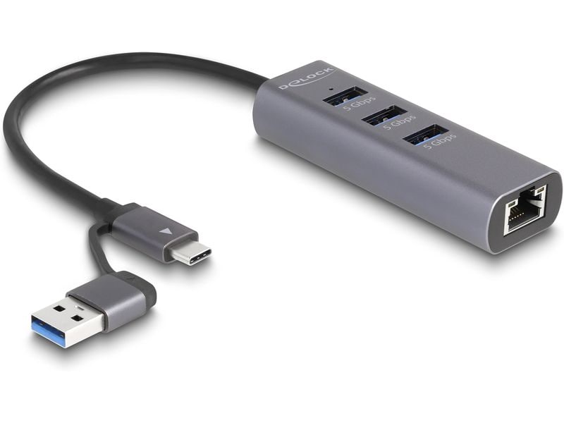 Delock Netzwerk-Adapter 5 Gbps USB Typ-A/USB Typ-C Delock 3 Port USB 5 Gbps Hub   Gigabit LAN mit USB Type-C oder USB Typ-A Anschluss im Metallgehäuse