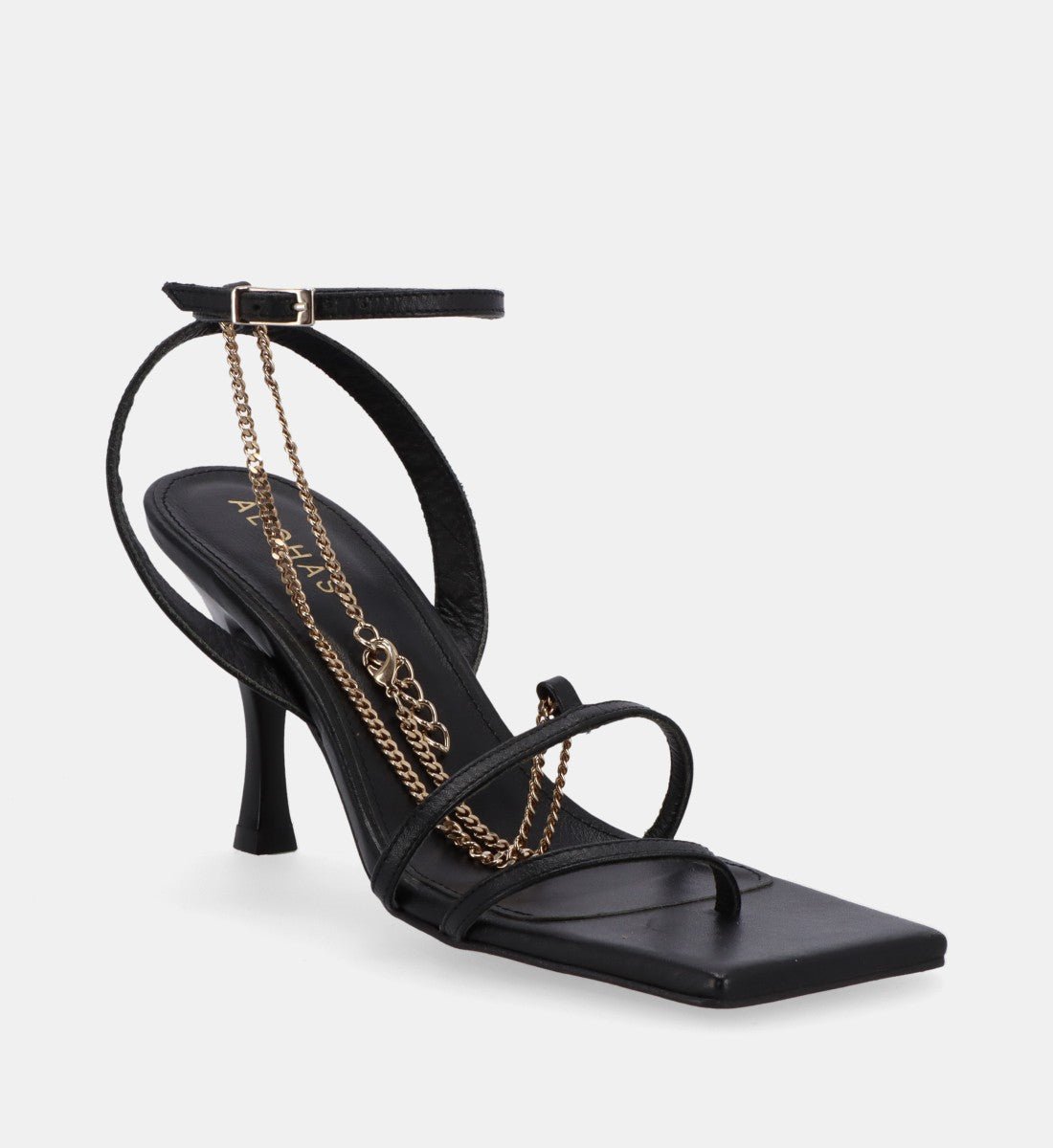STRAPS - Sandales à fines brides en cuir ornées d'une chaîne | Noir