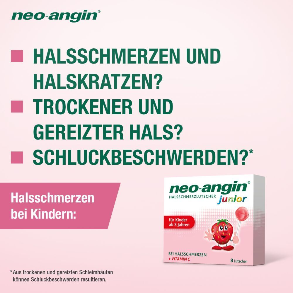 neo-angin Junior Halsschmerzlutscher mit leckerem Erdbeergeschmack für Kinder ab 3 Jahren
