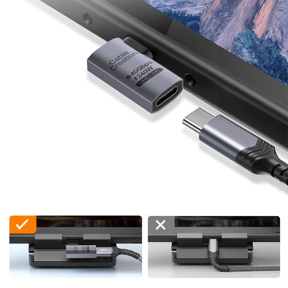 (240W) USB C (m) auf USB C (w) Daten und Schnelllade-Elbow-Adapter Stecker 90 Grad-Winkel Links 40 Gbit/s (8K@60Hz) - Grau