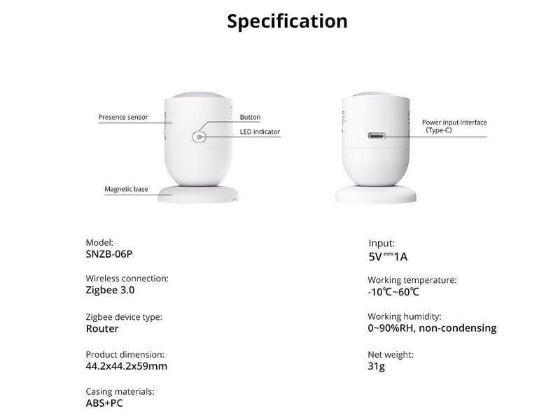 SONOFF Bewegungsmelder ZigBee SNZB-06P DC 5 V 1A USB-C, 4 m Bewegungssensor für Innenräume