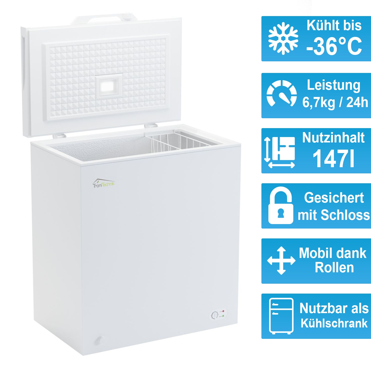 TroniTechnik® Gefriertruhe Kühltruhe BORGAR PRO mit 2in1 Gefrier- und Kühlfunktion | 160 Liter, 184kwh/Jahr, LED, Griff