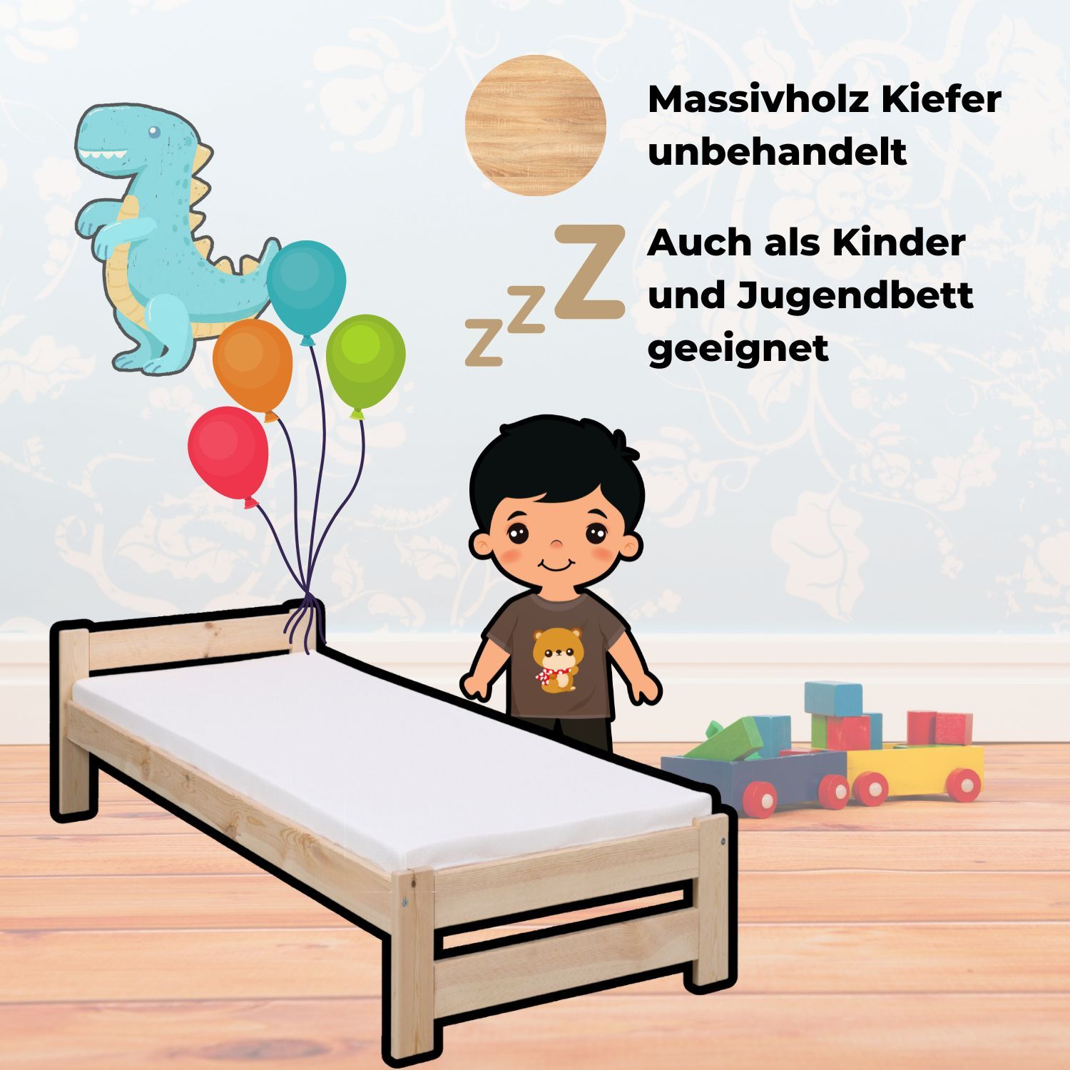 Coemo Bett Classico Holzbett Bettgestell mit Lattenrost Massivholz Kiefer 80x200 cm natur