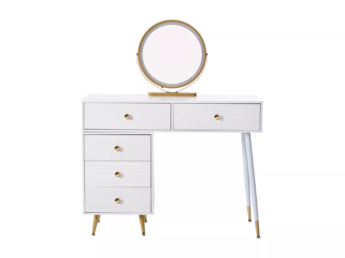 Coiffeuse avec miroir et 5 tiroirs - 100 x 40 x 78 cm - Panneau de particules - LEDs - Blanc (sans tabouret)