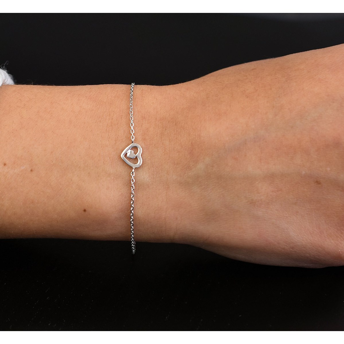 Bracelet 2 coeurs coeur ajouré et coeur plein Argent 925 Rhodié