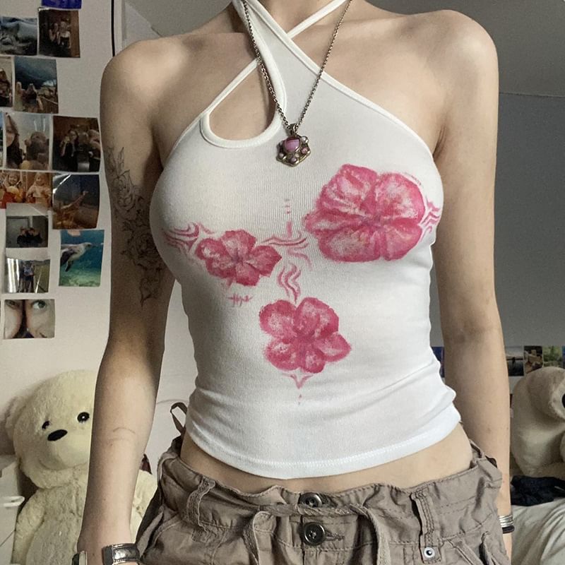BrickBlack - Haltertop met bloemenprint, uitsparingen en open rug, slim fit crop top