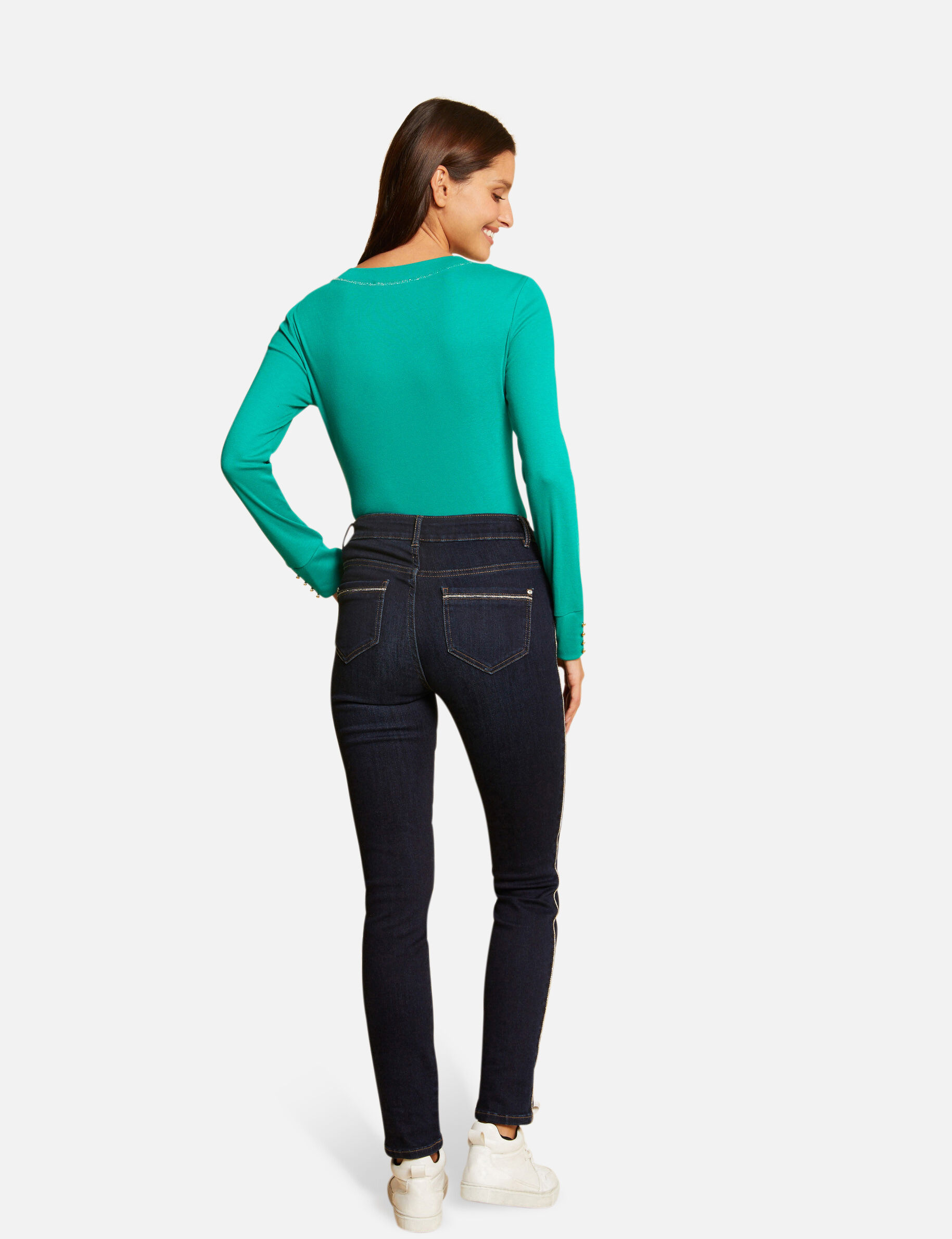T-shirt manches longues avec col en V vert moyen femme - vert_moyen