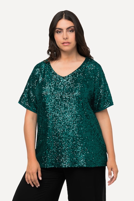 Pailletten-Shirt, Oversized, V-Ausschnitt, Halbarm