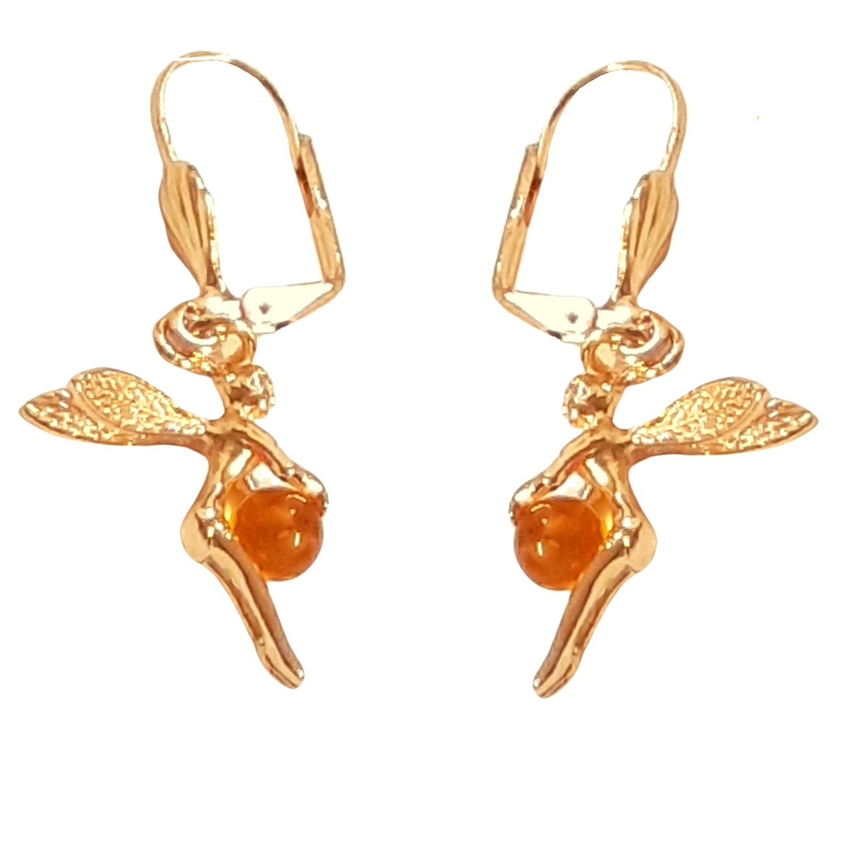 Boucles d'oreilles dormeuses fée perle d'ambre en plaqué or