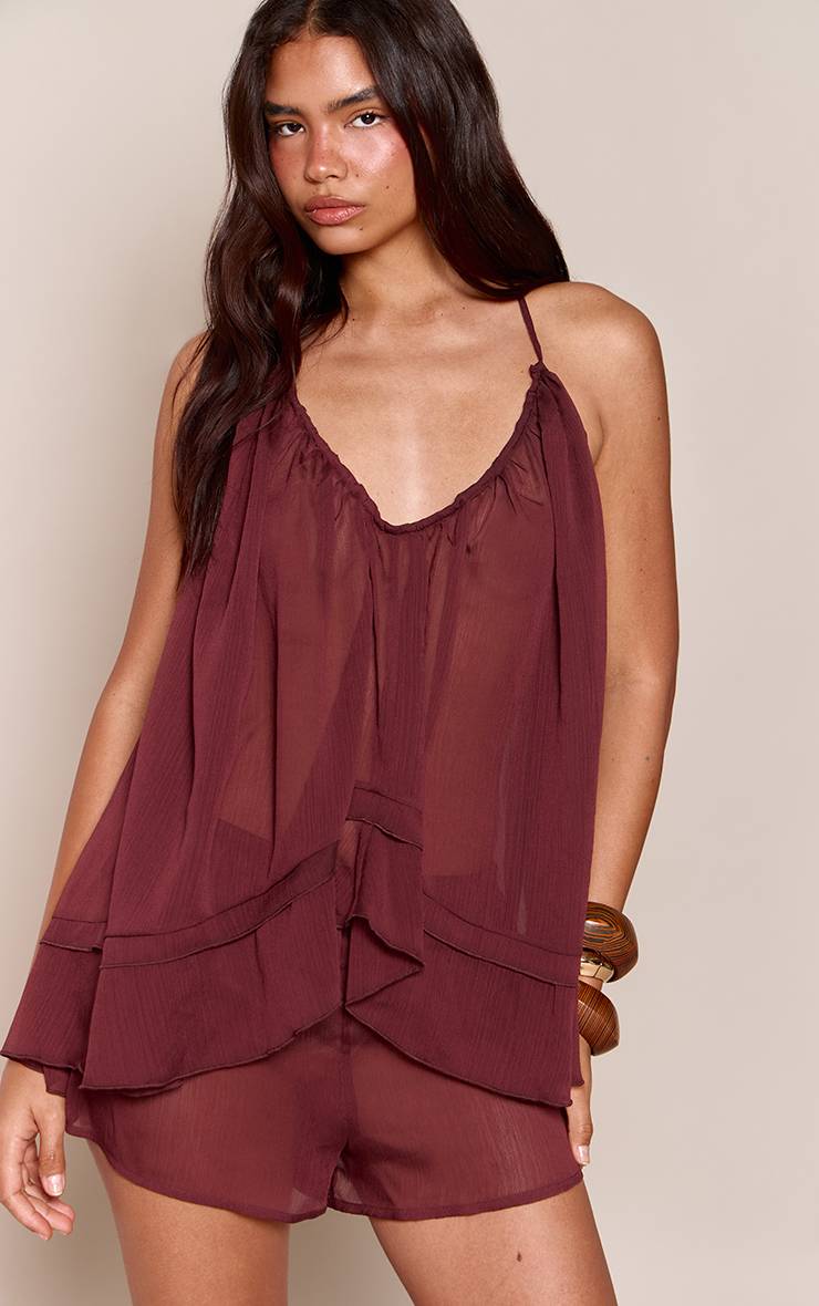 Chocolat Ensemble Coordonné Short Vaporeux En Mousseline Texturée