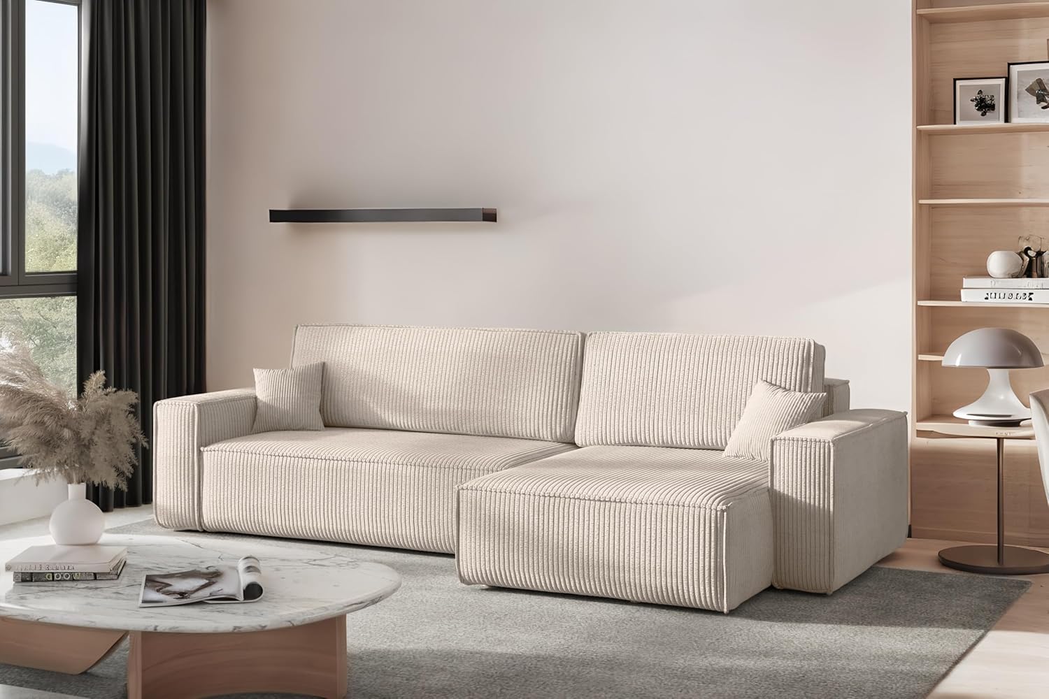 Kaiser Möbel - Ecksofa mit Schlaffunktion und Bettkasten, Schlafsofa mit Bettzeugbehälter, Wohnlandschaft L-Form, Klappsofa, Relaxsofa, Cordstoff, Bequemes Couch für Wohnzimmer, BEST XL, Beige, Rechts