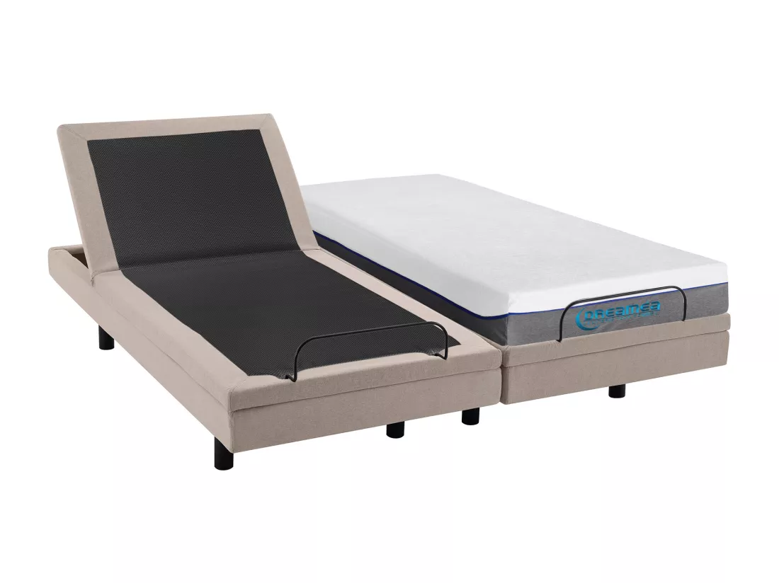 Lit électrique de relaxation déco + matelas mémoire de forme - 2 x 80 x 200 cm - Tissu - Beige - MENASINA de YSMÉE