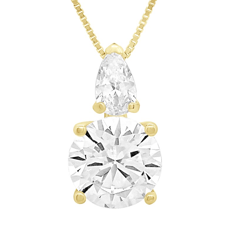 Collier - Ornées de deux Oxydes de Zirconium Ronde et Poire - Or Jaune
