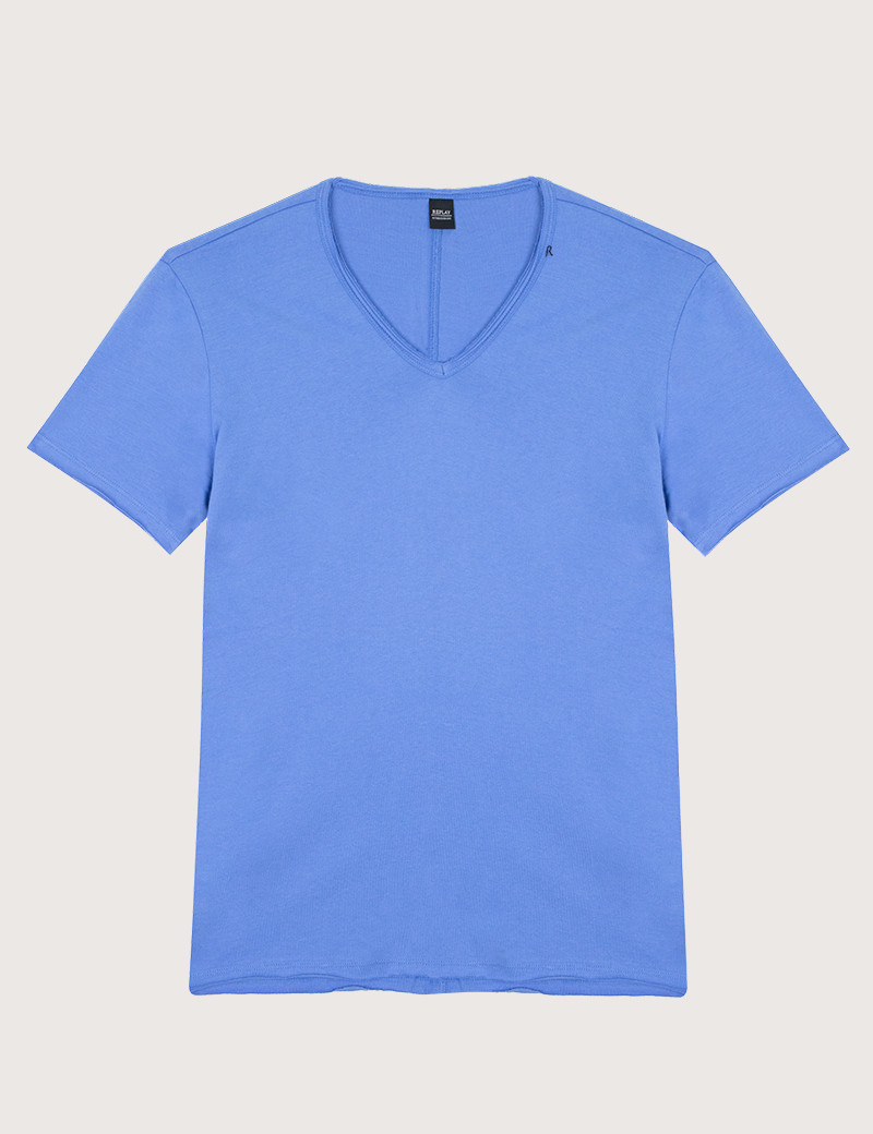 REPLAY T-SHIRT COL V COTON BLEU CIEL
