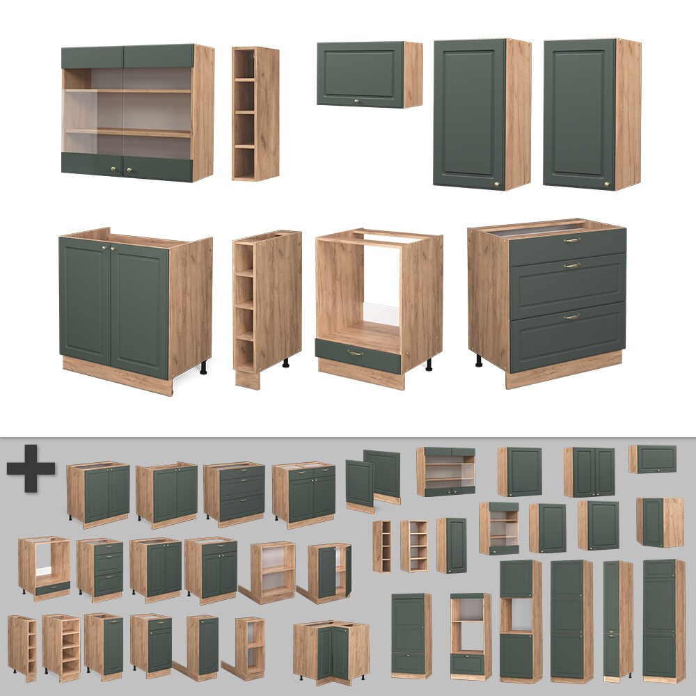 Vicco Küchenzeile Küchenblock Einbauküche Fame-Line Landhaus Eiche Grün 235 cm Gold Küchen Schränke Hängeglasschrank Hängeschrank Schubladenunterschrank Spülenunterschrank Herdumbauschrank