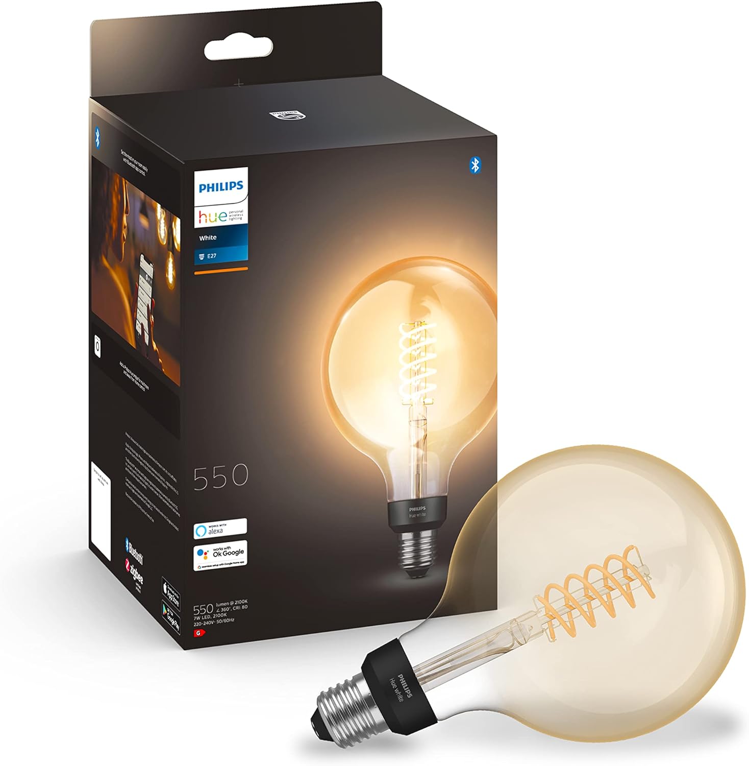 Philips Hue Vorteilspaket - E27 - mit 2 Filament Globe Lampen Groß (G125) - Warmweißes Licht - inkl. 1 Hue Dimmschalter - Hue White Filament