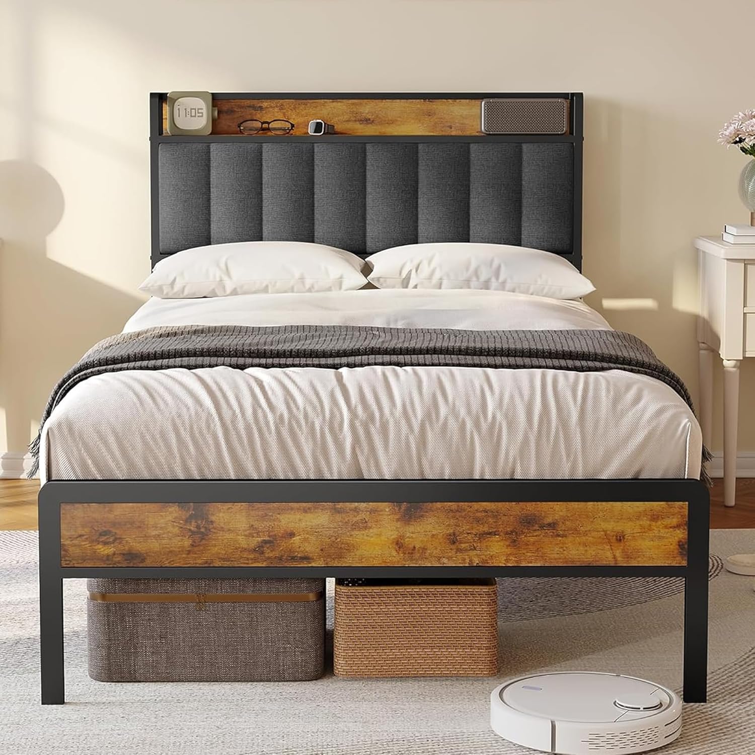 Bealife Bettgestell mit Metalllattenrost, Einzelbett mit Leinenbezug, Bett mit gepolstertem Kopfteil und Stauraum (Dunkelgrau, 120×200cm) HY8791635