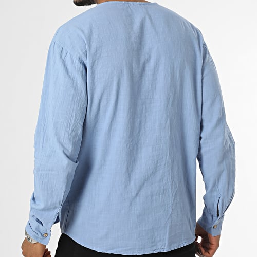 Chemise Manches Longues Col V Bleu Ciel Chiné