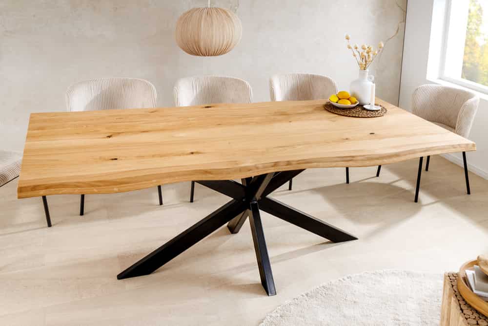 Massivholz Esstisch WILD OAK 200cm natur Wildeiche Baumkante geölt Sterngestell