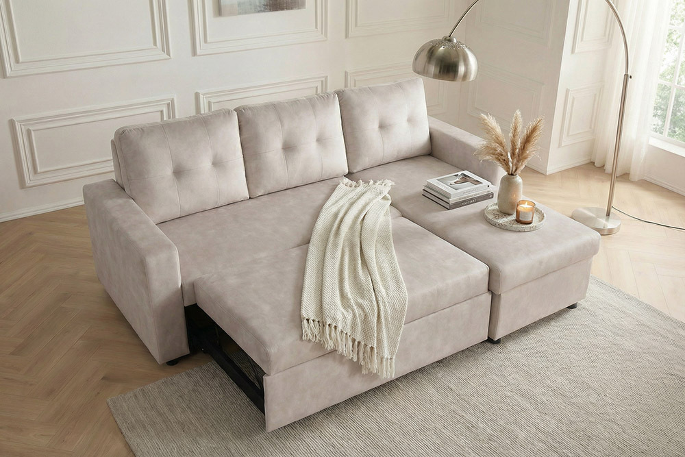 Modernes Ecksofa APARTMENT 205cm champagner beige Samt 3-Sitzer Bettfunktion Stauraum