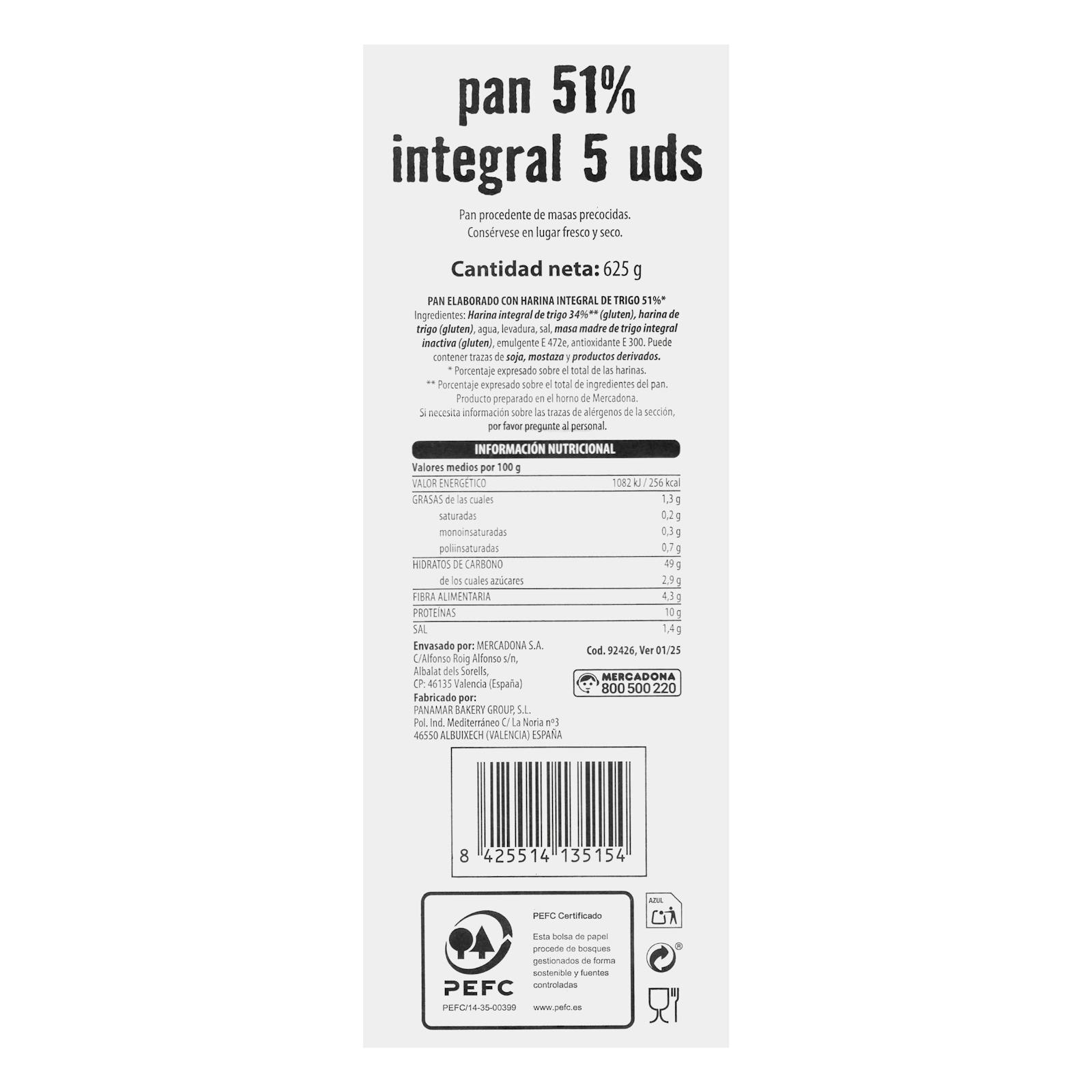 5 pains de pain de blé entier à 51 %