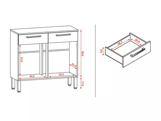 Buffet Bas 2 Portes 2 Tiroirs Chêne et Blanc 2 Niches L 90,9 H 86 P 36,3 cm