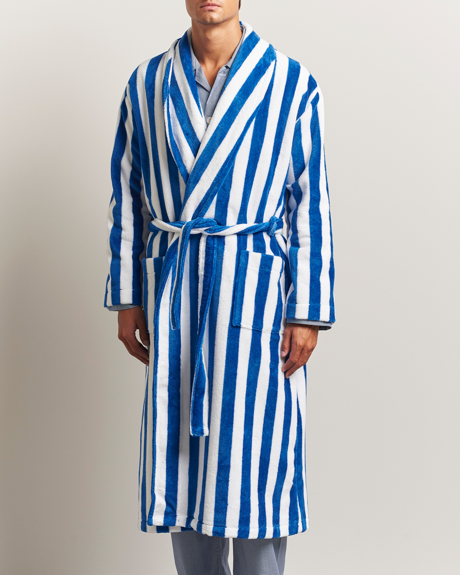 Derek Rose Striped Cotton Velour Gown Blue/White