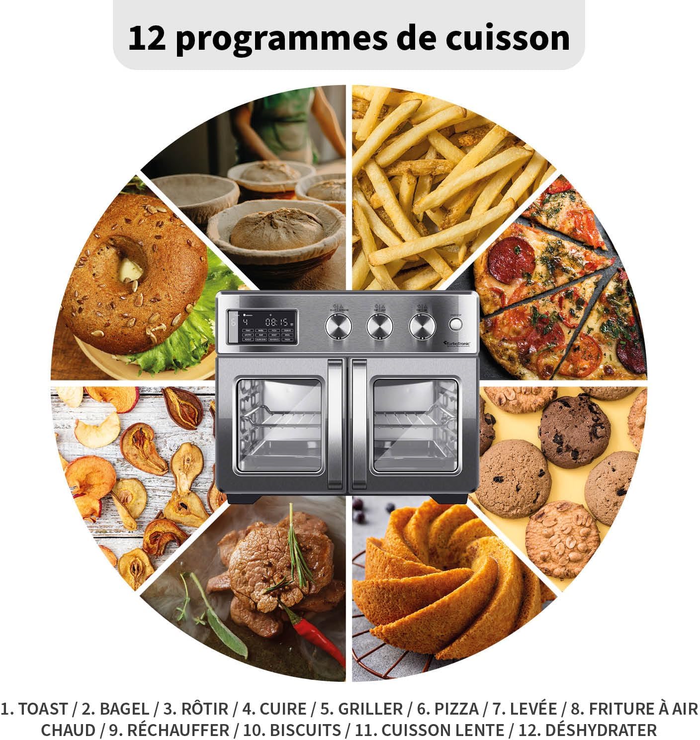 TurboTronic Mini Backofen - 4in1 Heißluftofen und Heißluftfritteuse XXL Version 32L inkl. Drehspieß & viel Zubehör, Dörrgerät ab 25°C & Grill, Airfryer, kleine Mini Tisch Back Pizzaofen (silber)
