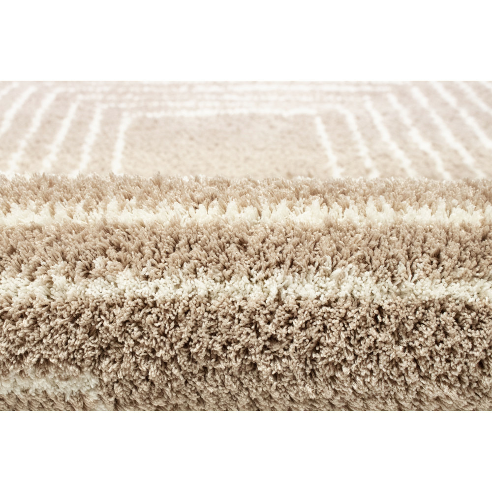 Tapis salon, chambre, cuisine beige/marron à poils longs shaggy doux motifs géométrique blanc 150x200cm