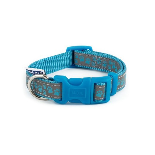 Coleira moderna ajustável para cães em nylon, na cor azul com estampa de pata.
