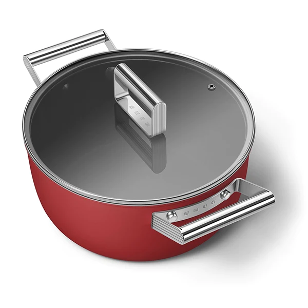 Faitout bas aluminium antiadhésif 24 cm rouge mat avec couvercle verre