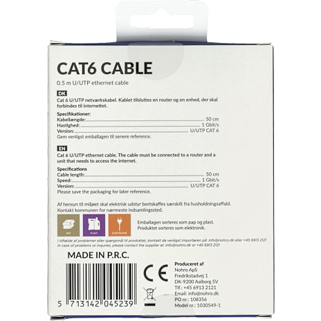 Cat6 U/UTP netværkskabel 0,5 meter - hvid