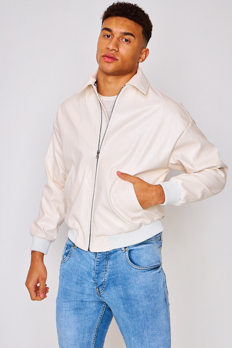 Bomber en simili cuir beige