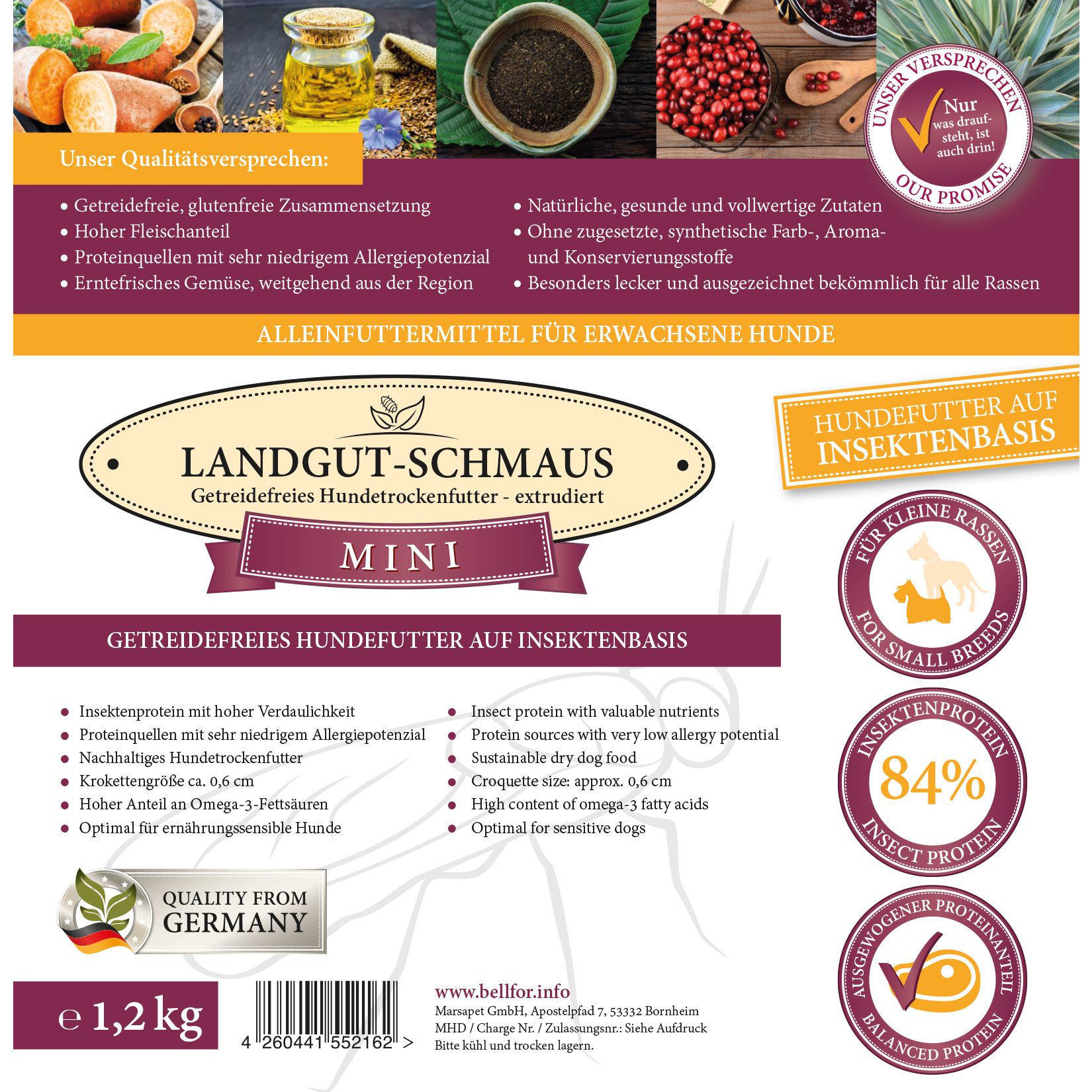 Hypoallergénique nourriture sèche avec insectes - landgut-schmaus mini - 1,2 kg